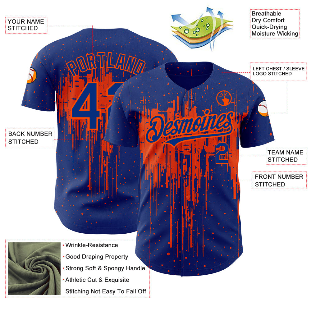 Custom Royal Orange 3D Pattern Design Dripping Splatter Art Authentic Baseball Jersey - Sky-Custom