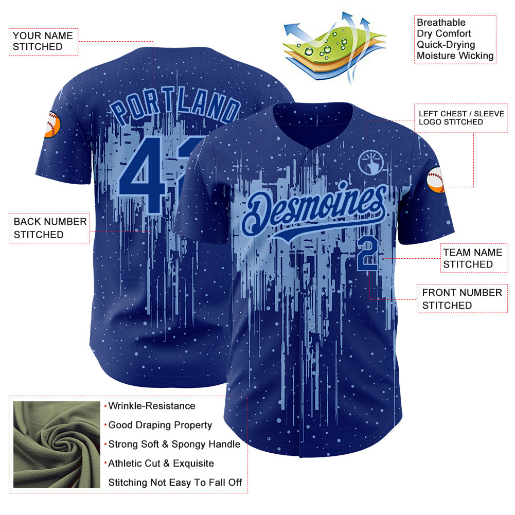Custom Royal Light Blue 3D Pattern Design Dripping Splatter Art Authentic Baseball Jersey - Sky-Custom