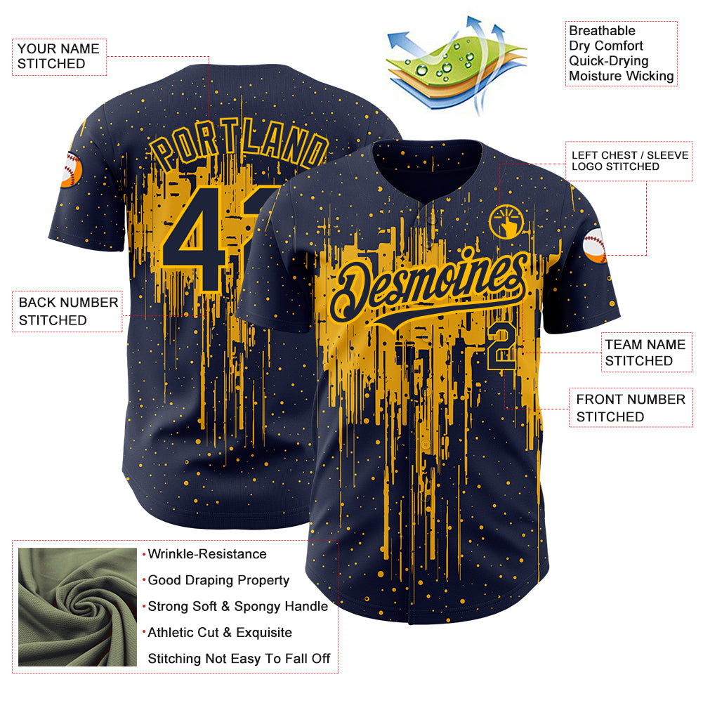 Custom Navy Gold 3D Pattern Design Dripping Splatter Art Authentic Baseball Jersey - Sky-Custom