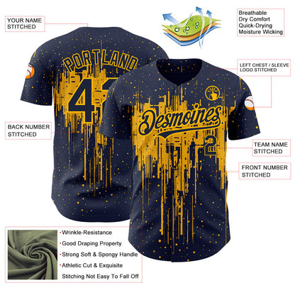 Custom Navy Gold 3D Pattern Design Dripping Splatter Art Authentic Baseball Jersey - Sky-Custom