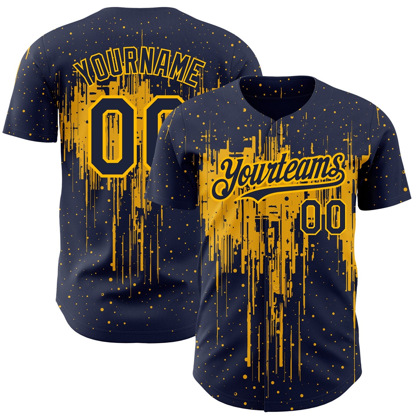 Custom Navy Gold 3D Pattern Design Dripping Splatter Art Authentic Baseball Jersey - Sky-Custom