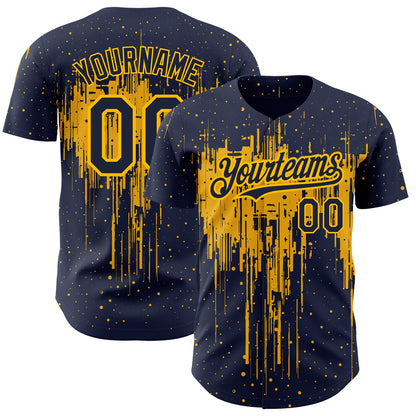 Custom Navy Gold 3D Pattern Design Dripping Splatter Art Authentic Baseball Jersey - Sky-Custom