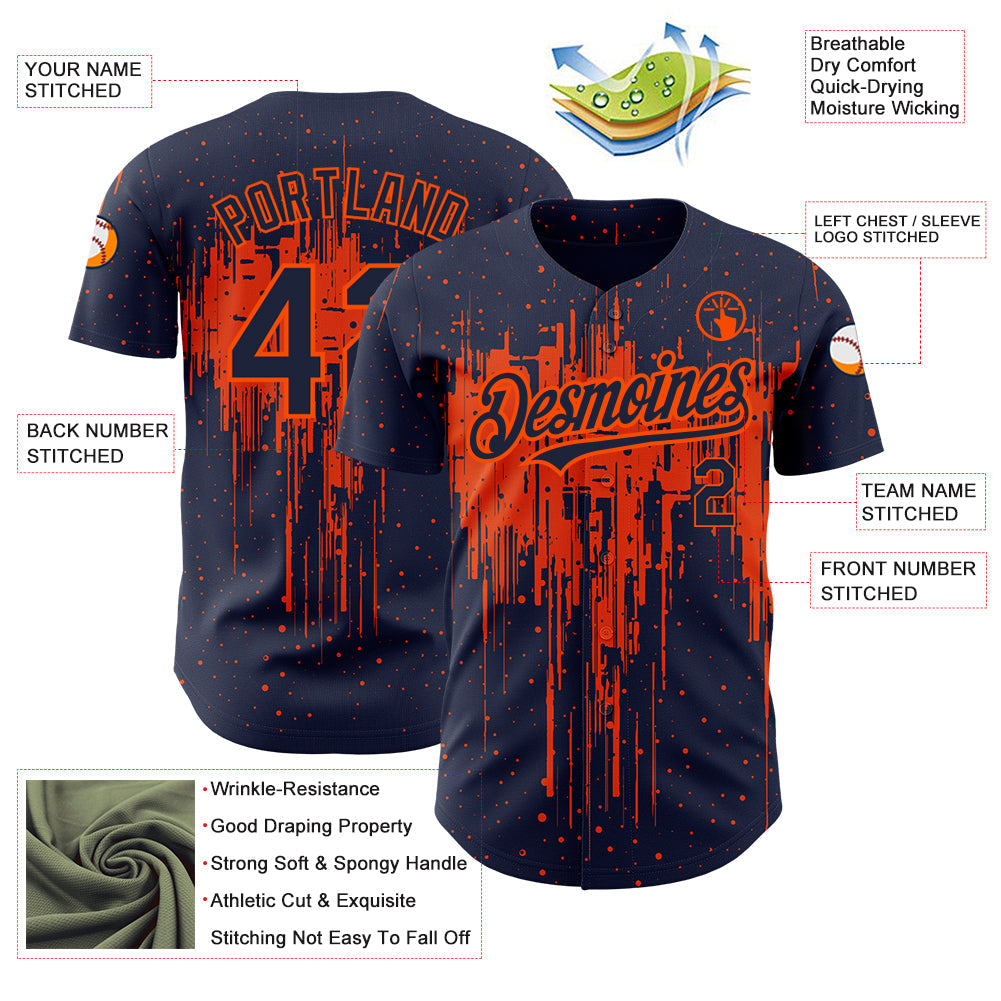 Custom Navy Orange 3D Pattern Design Dripping Splatter Art Authentic Baseball Jersey - Sky-Custom