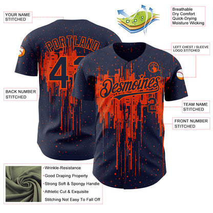 Custom Navy Orange 3D Pattern Design Dripping Splatter Art Authentic Baseball Jersey - Sky-Custom