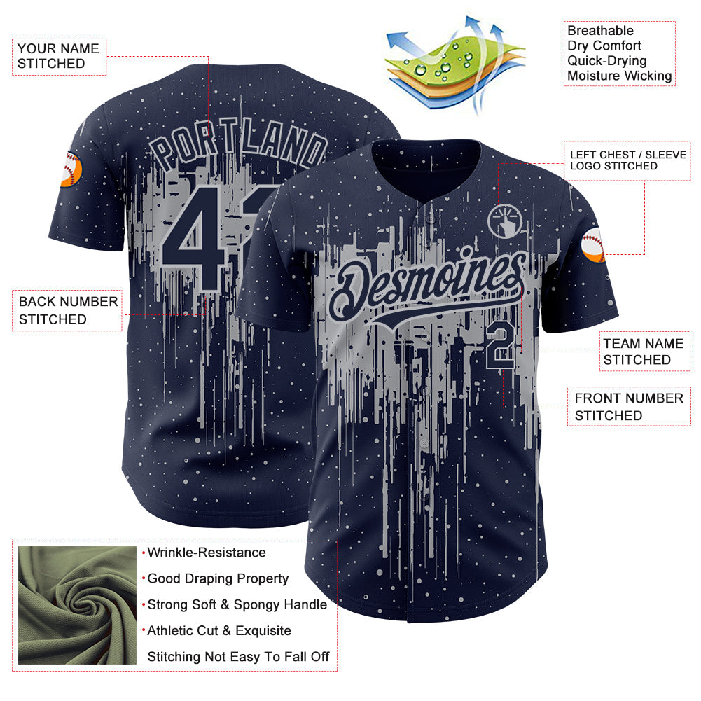 Custom Navy Gray 3D Pattern Design Dripping Splatter Art Authentic Baseball Jersey - Sky-Custom