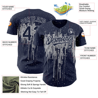 Custom Navy Gray 3D Pattern Design Dripping Splatter Art Authentic Baseball Jersey - Sky-Custom