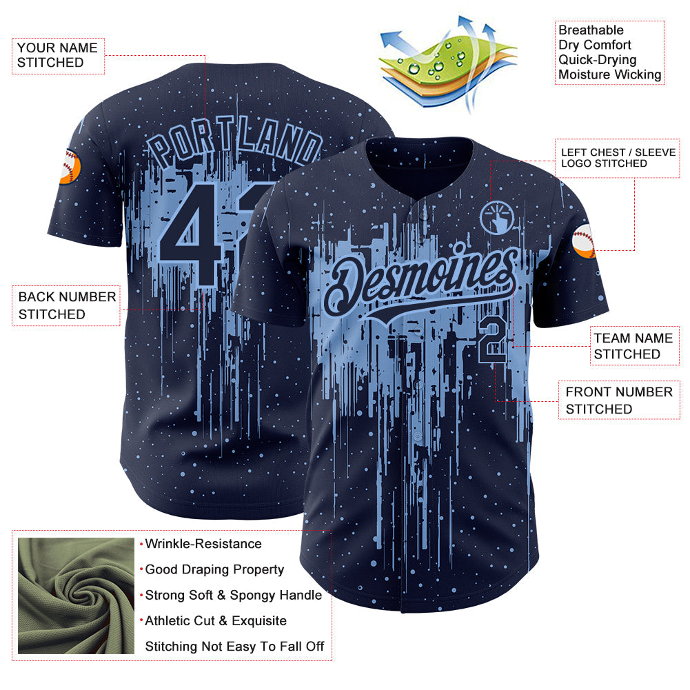 Custom Navy Light Blue 3D Pattern Design Dripping Splatter Art Authentic Baseball Jersey - Sky-Custom