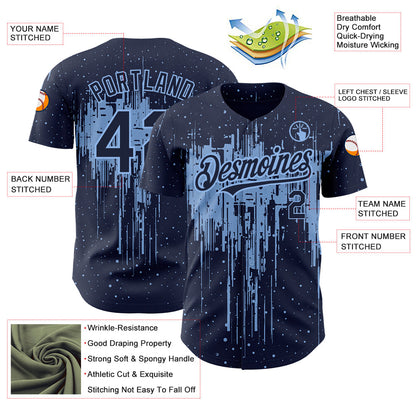 Custom Navy Light Blue 3D Pattern Design Dripping Splatter Art Authentic Baseball Jersey - Sky-Custom