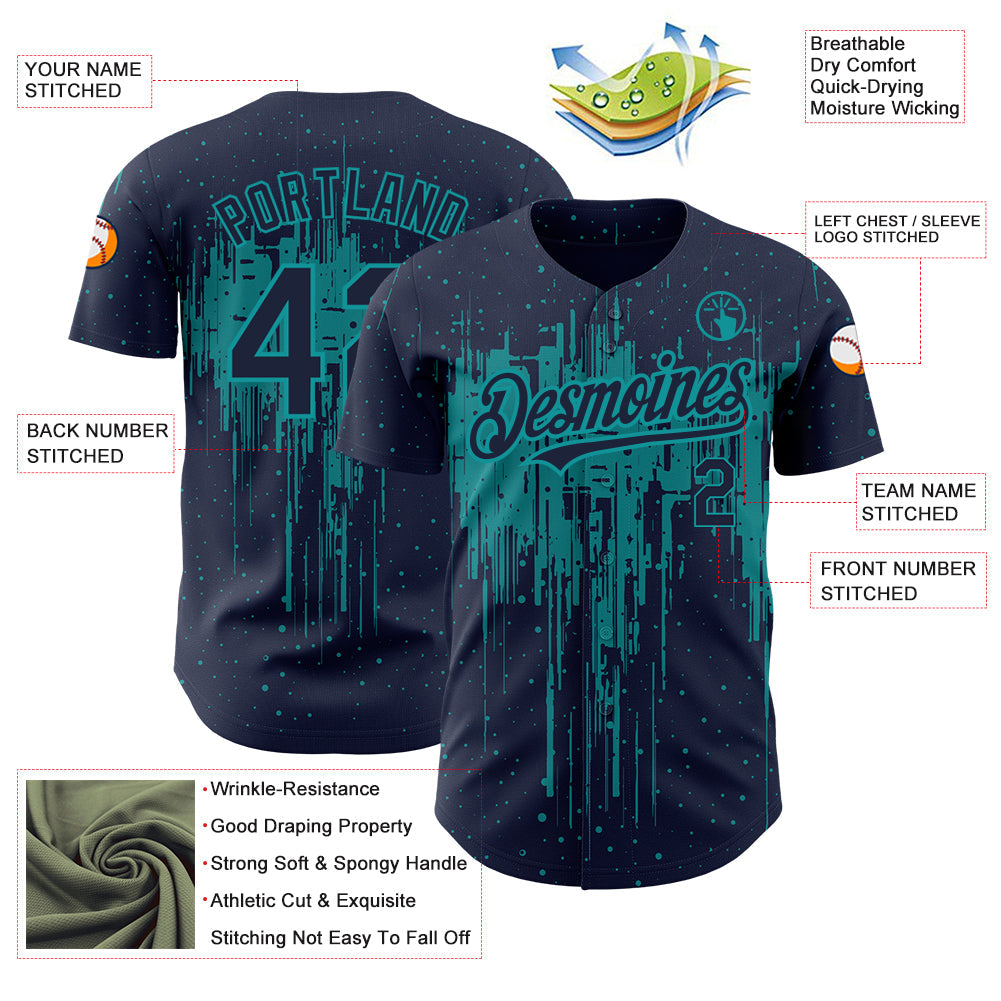 Custom Navy Teal 3D Pattern Design Dripping Splatter Art Authentic Baseball Jersey - Sky-Custom