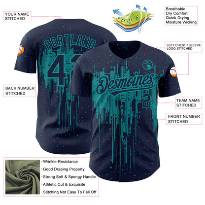 Custom Navy Teal 3D Pattern Design Dripping Splatter Art Authentic Baseball Jersey - Sky-Custom
