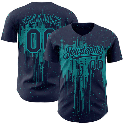 Custom Navy Teal 3D Pattern Design Dripping Splatter Art Authentic Baseball Jersey - Sky-Custom