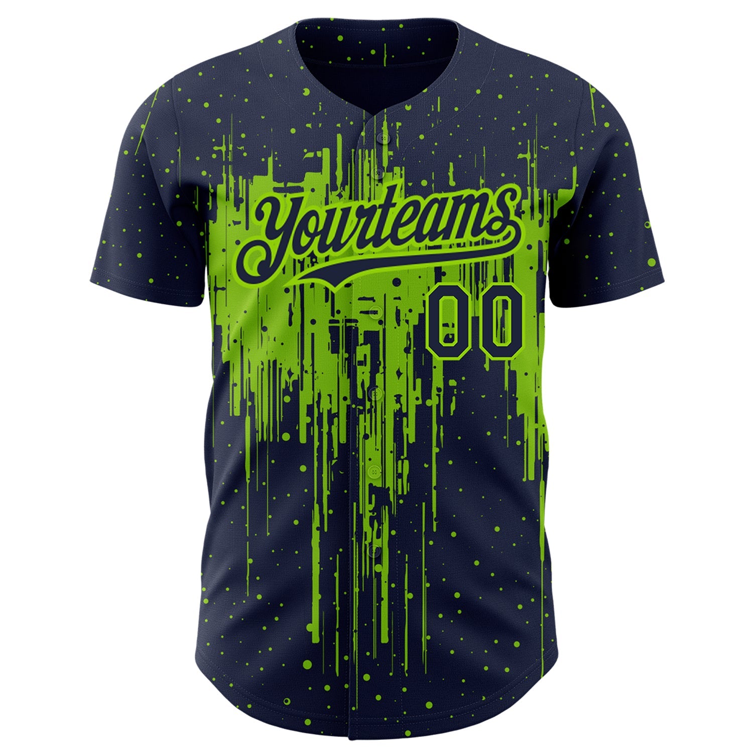 Custom Navy Neon Green 3D Pattern Design Dripping Splatter Art Authentic Baseball Jersey - Sky-Custom