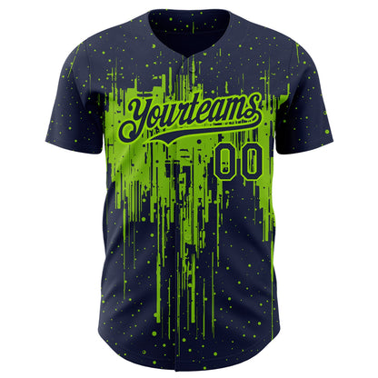Custom Navy Neon Green 3D Pattern Design Dripping Splatter Art Authentic Baseball Jersey - Sky-Custom