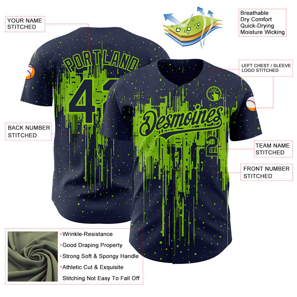 Custom Navy Neon Green 3D Pattern Design Dripping Splatter Art Authentic Baseball Jersey - Sky-Custom