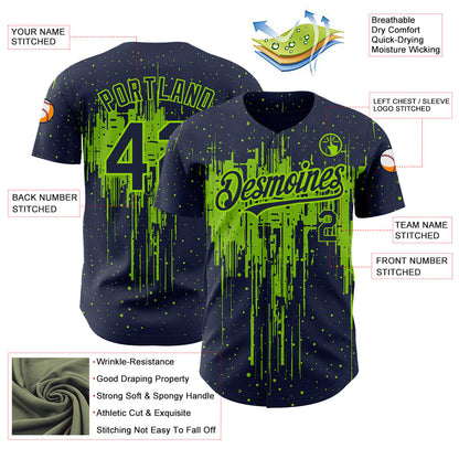 Custom Navy Neon Green 3D Pattern Design Dripping Splatter Art Authentic Baseball Jersey - Sky-Custom