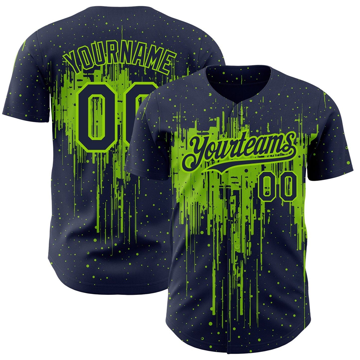 Custom Navy Neon Green 3D Pattern Design Dripping Splatter Art Authentic Baseball Jersey - Sky-Custom