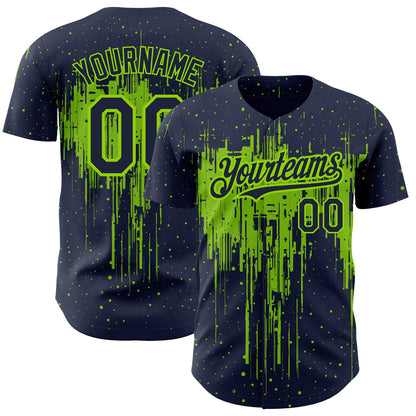 Custom Navy Neon Green 3D Pattern Design Dripping Splatter Art Authentic Baseball Jersey - Sky-Custom