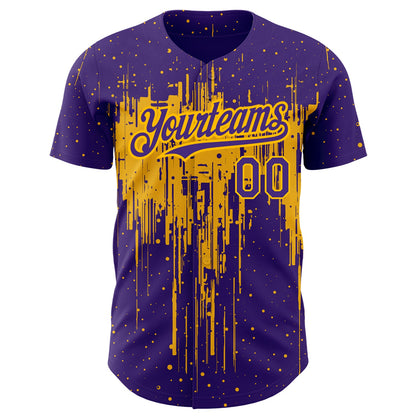 Custom Purple Gold 3D Pattern Design Dripping Splatter Art Authentic Baseball Jersey - Sky-Custom