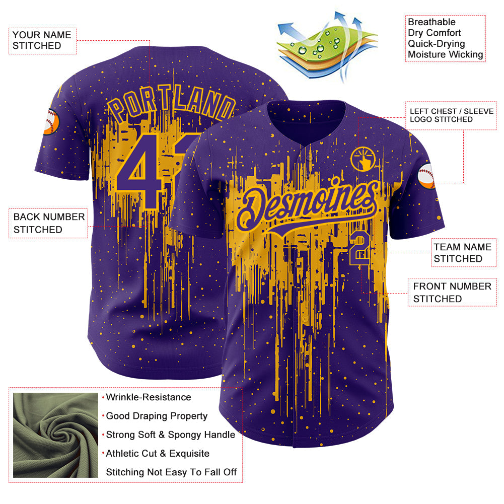 Custom Purple Gold 3D Pattern Design Dripping Splatter Art Authentic Baseball Jersey - Sky-Custom