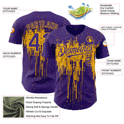 Custom Purple Gold 3D Pattern Design Dripping Splatter Art Authentic Baseball Jersey - Sky-Custom