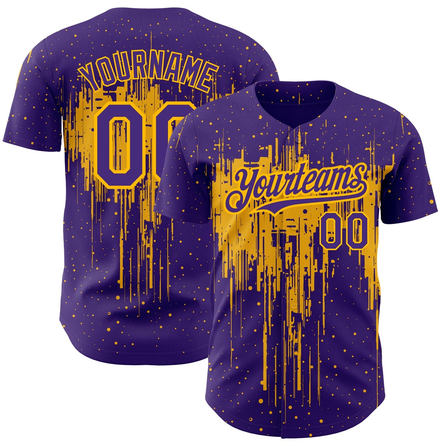 Custom Purple Gold 3D Pattern Design Dripping Splatter Art Authentic Baseball Jersey - Sky-Custom