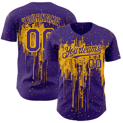Custom Purple Gold 3D Pattern Design Dripping Splatter Art Authentic Baseball Jersey - Sky-Custom