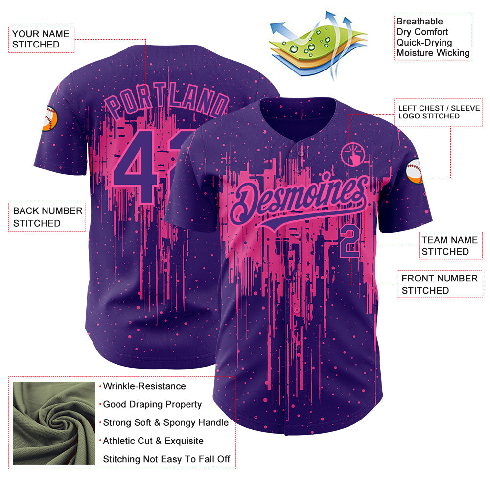 Custom Purple Pink 3D Pattern Design Dripping Splatter Art Authentic Baseball Jersey - Sky-Custom