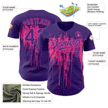 Custom Purple Pink 3D Pattern Design Dripping Splatter Art Authentic Baseball Jersey - Sky-Custom