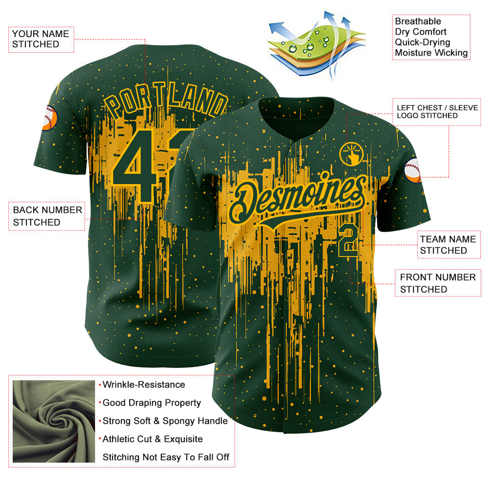Custom Green Gold 3D Pattern Design Dripping Splatter Art Authentic Baseball Jersey - Sky-Custom
