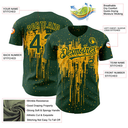 Custom Green Gold 3D Pattern Design Dripping Splatter Art Authentic Baseball Jersey - Sky-Custom