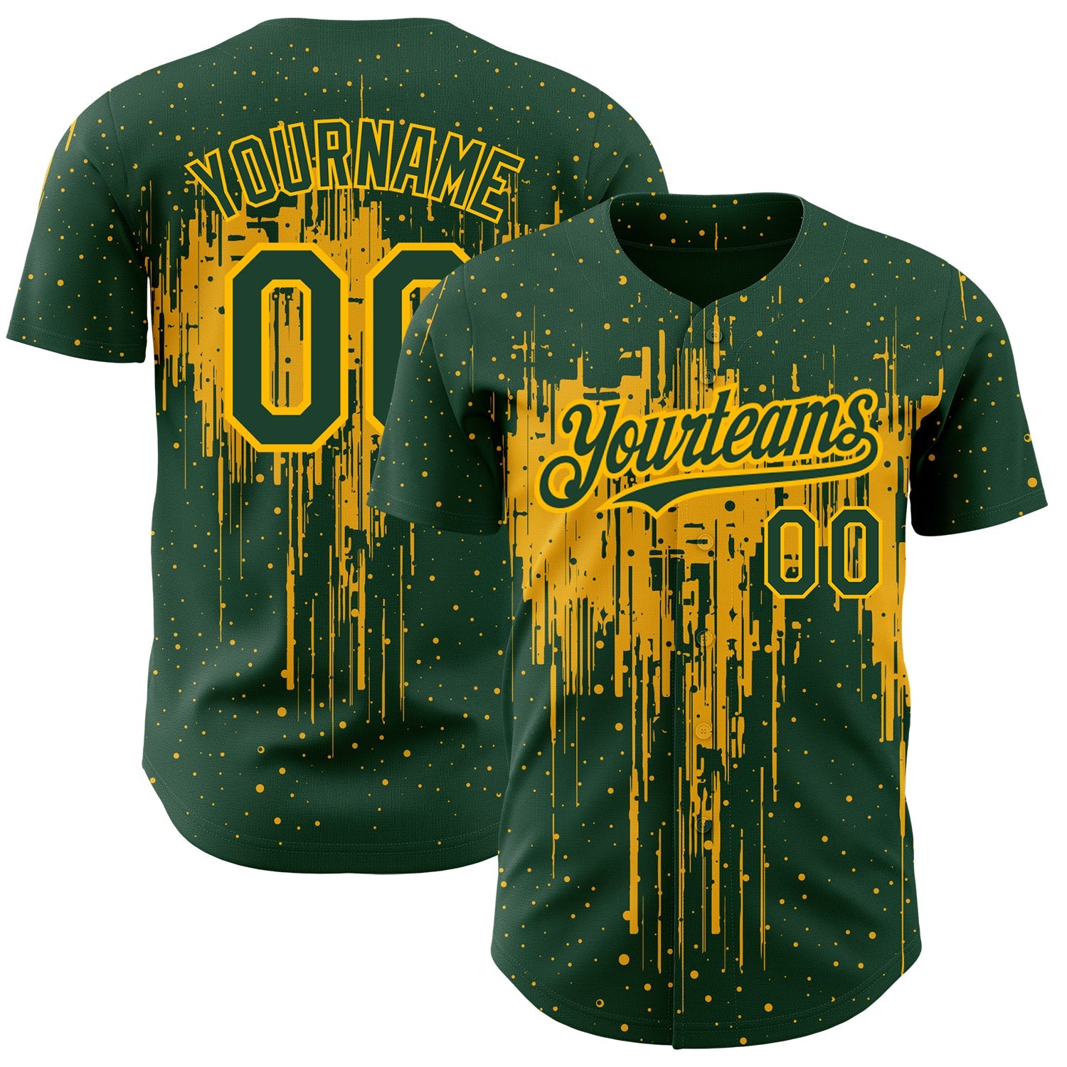 Custom Green Gold 3D Pattern Design Dripping Splatter Art Authentic Baseball Jersey - Sky-Custom