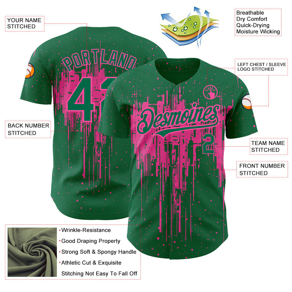 Custom Kelly Green Pink 3D Pattern Design Dripping Splatter Art Authentic Baseball Jersey - Sky-Custom