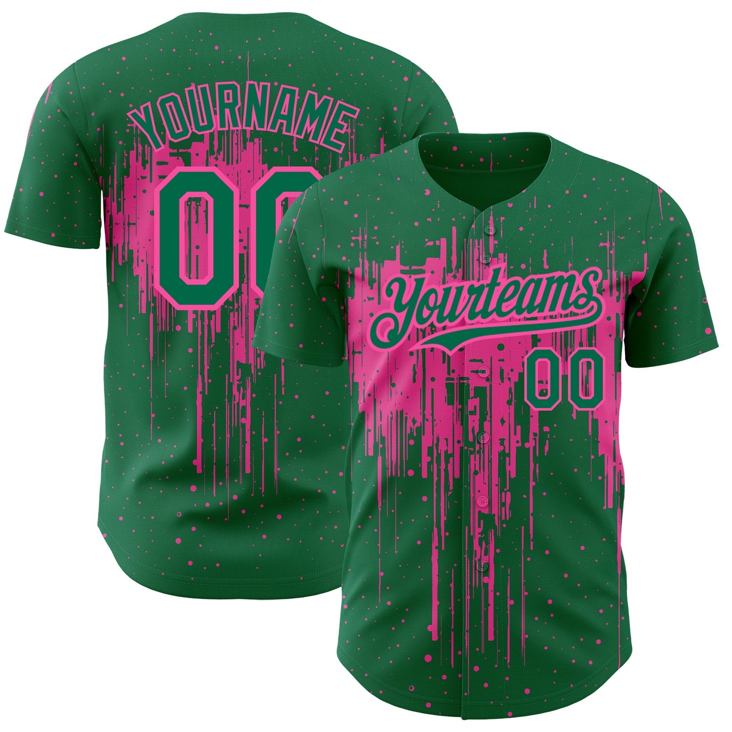 Custom Kelly Green Pink 3D Pattern Design Dripping Splatter Art Authentic Baseball Jersey - Sky-Custom