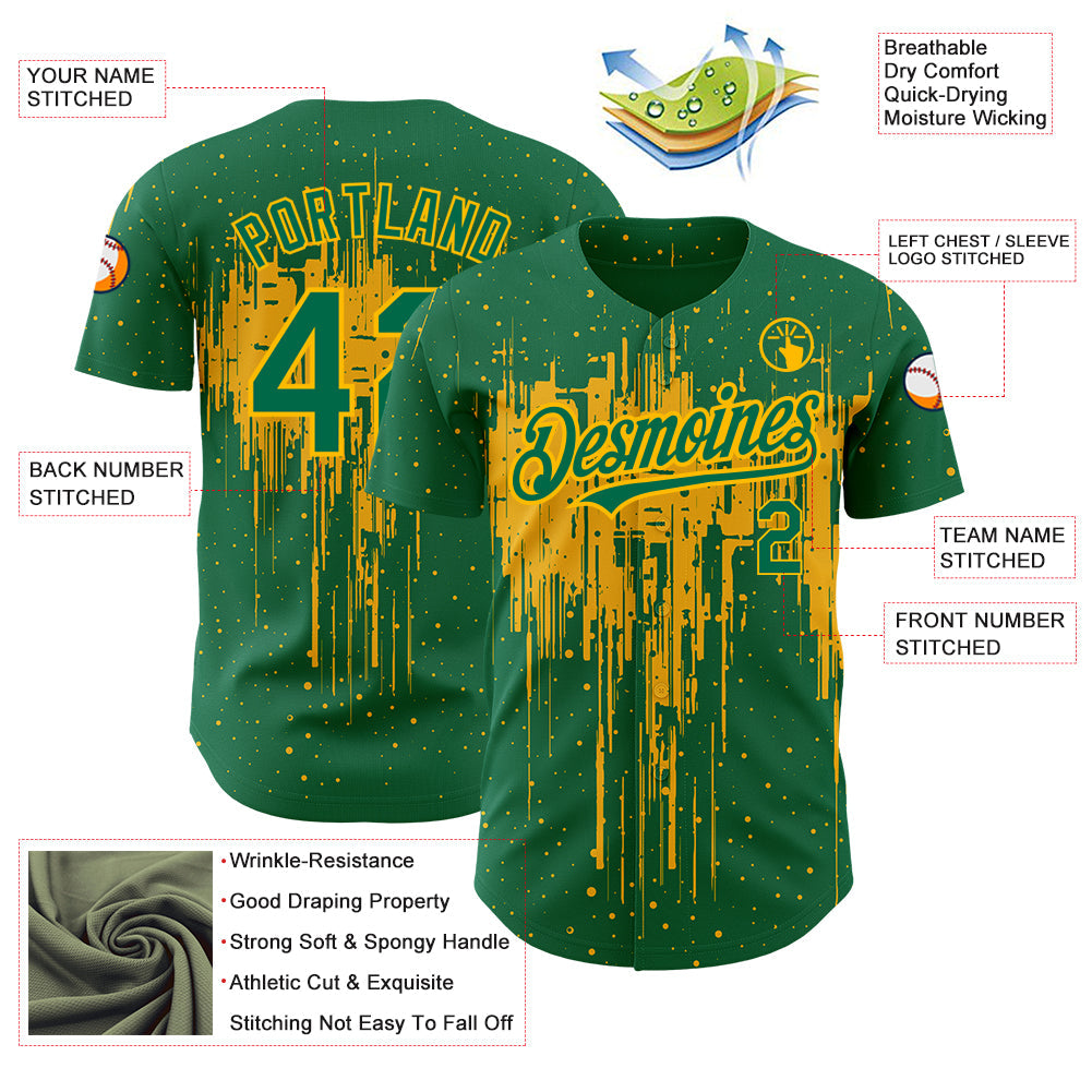 Custom Kelly Green Gold 3D Pattern Design Dripping Splatter Art Authentic Baseball Jersey - Sky-Custom