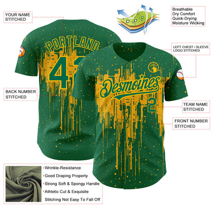 Custom Kelly Green Gold 3D Pattern Design Dripping Splatter Art Authentic Baseball Jersey - Sky-Custom