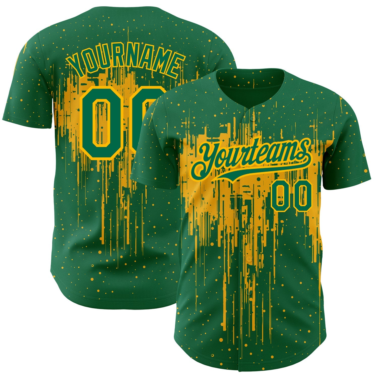Custom Kelly Green Gold 3D Pattern Design Dripping Splatter Art Authentic Baseball Jersey - Sky-Custom