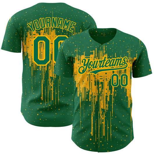 Custom Kelly Green Gold 3D Pattern Design Dripping Splatter Art Authentic Baseball Jersey - Sky-Custom