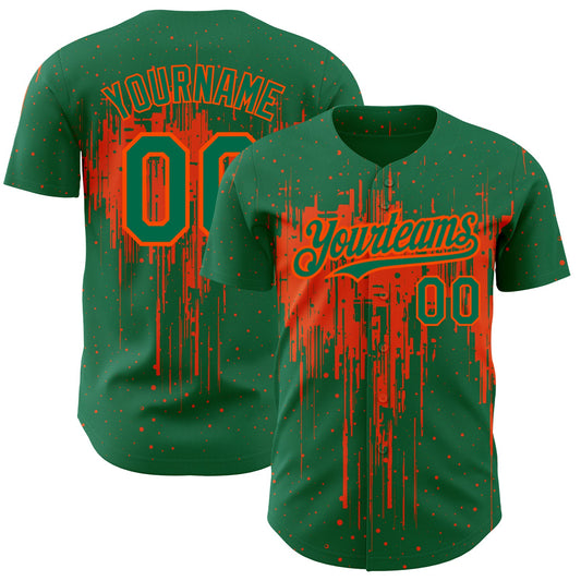 Custom Kelly Green Orange 3D Pattern Design Dripping Splatter Art Authentic Baseball Jersey - Sky-Custom