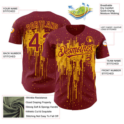 Custom Crimson Gold 3D Pattern Design Dripping Splatter Art Authentic Baseball Jersey - Sky-Custom