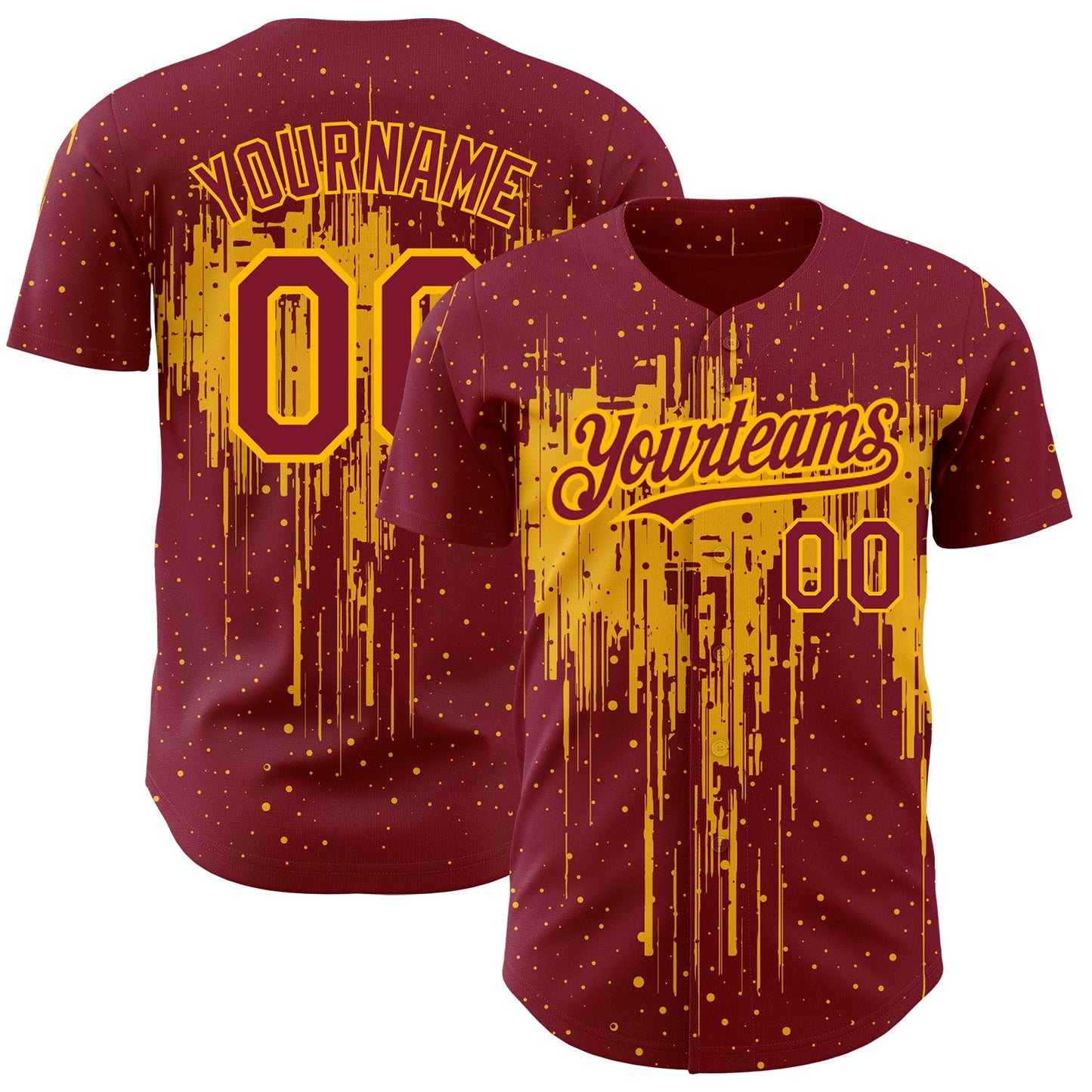 Custom Crimson Gold 3D Pattern Design Dripping Splatter Art Authentic Baseball Jersey - Sky-Custom