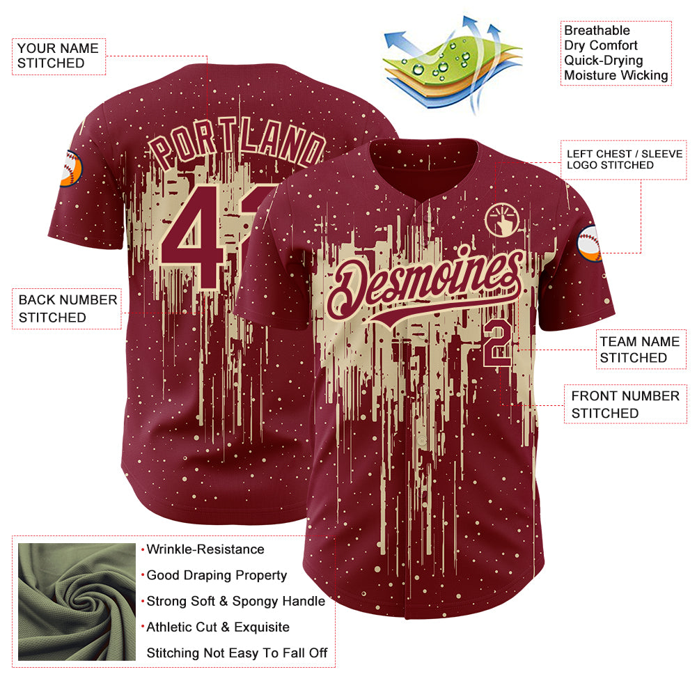Custom Crimson City Cream 3D Pattern Design Dripping Splatter Art Authentic Baseball Jersey - Sky-Custom