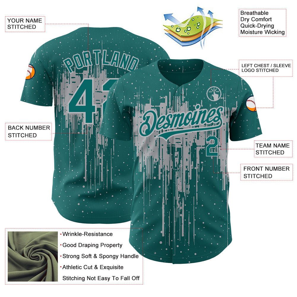 Custom Teal Gray 3D Pattern Design Dripping Splatter Art Authentic Baseball Jersey - Sky-Custom