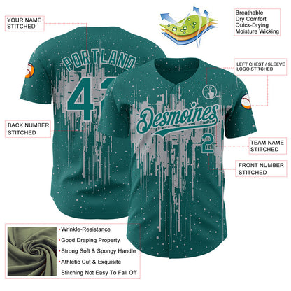 Custom Teal Gray 3D Pattern Design Dripping Splatter Art Authentic Baseball Jersey - Sky-Custom