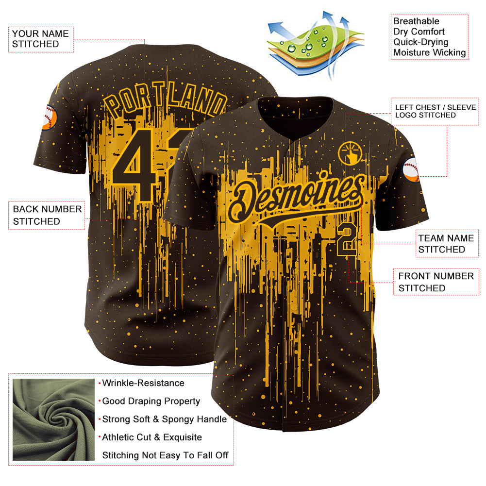 Custom Brown Gold 3D Pattern Design Dripping Splatter Art Authentic Baseball Jersey - Sky-Custom
