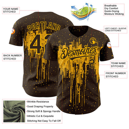 Custom Brown Gold 3D Pattern Design Dripping Splatter Art Authentic Baseball Jersey - Sky-Custom