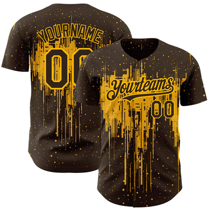 Custom Brown Gold 3D Pattern Design Dripping Splatter Art Authentic Baseball Jersey - Sky-Custom