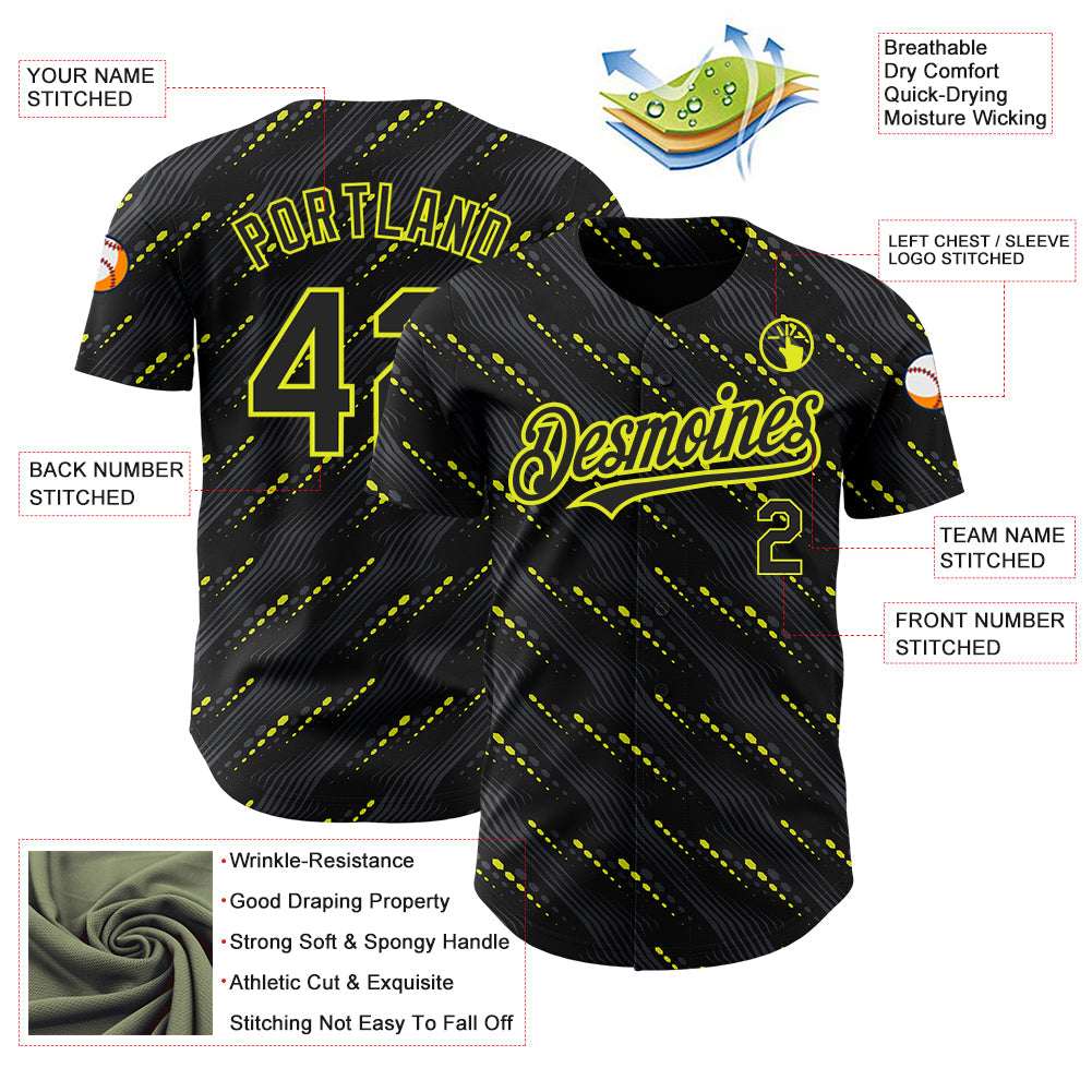 Custom Black Neon Yellow 3D Pattern Design Slant Lines Authentic Baseball Jersey - Sky-Custom