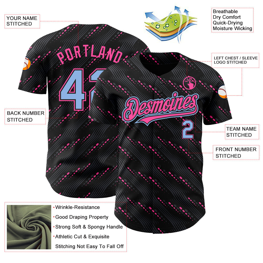 Custom Black Light Blue-Pink 3D Pattern Design Slant Lines Authentic Baseball Jersey - Sky-Custom