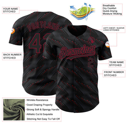 Custom Black Crimson 3D Pattern Design Slant Lines Authentic Baseball Jersey - Sky-Custom