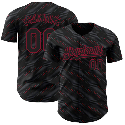 Custom Black Crimson 3D Pattern Design Slant Lines Authentic Baseball Jersey - Sky-Custom